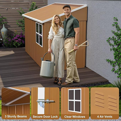 8x4 FT Outdoor Storage Shed, Metal Shed with Floor, Lockable Door, Sloping Roof, All-Weather Lean to Resin Shed for Garden, Backyard, Patio, Lawn (Khaki)