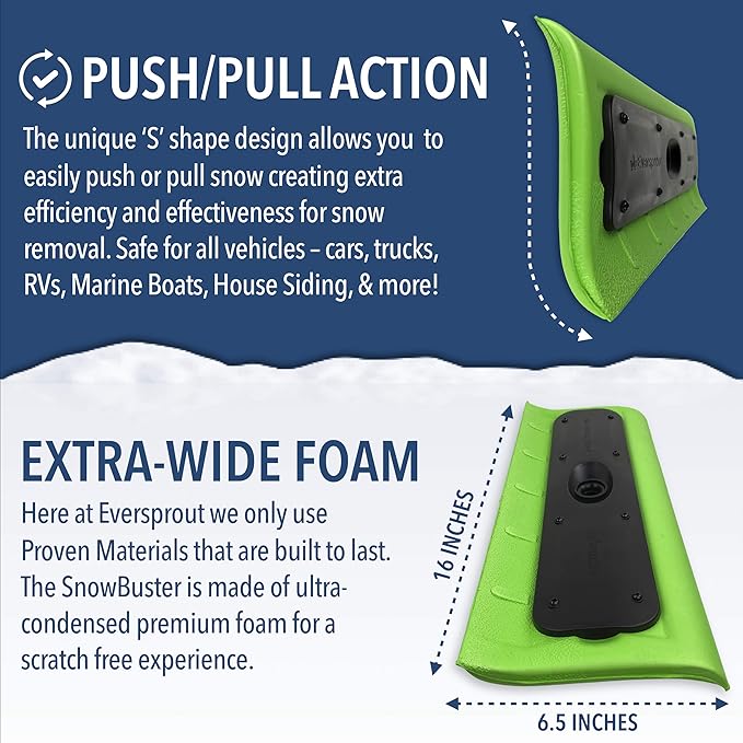 EVERSPROUT Never-Scratch SnowBuster and Ice Scraper Attachment for Removing Snow from Vehicles (Pole Not Included) | Premium Foam Snow Broom Head | Unique S-Shape Design for Push or Pull Removal