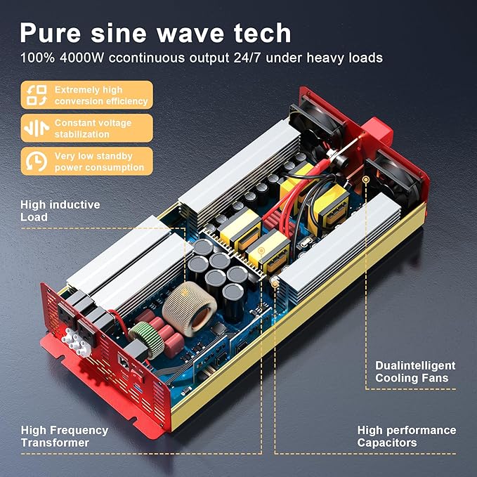 4000W Pure Sine Wave Inverter 12V DC to 120V AC Converter for Family Emergency Preparedness,Camping,RV,Solar DIY,Outdoors,Built-in 5V/2.1A USB-A,USB-C,Hardwire Port, Remote Controller