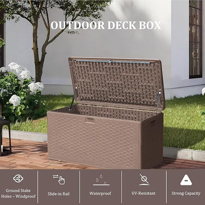 73 Gallon Pro Outdoor Storage Box Waterproof Lockable Resin Deck Box Large, Patio Storage Bin for Pool Accessories Cushion Furniture, Garden Tools, UV-Resistant Outside Delivery Brown
