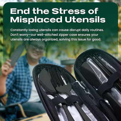 Taplord Portable Travel Silverware Set With Case, Includes 5 Pcs of Travel Utensils With Case, Stainless Steel Flatware Set For Camping, Easy to Travel, Lightweight (Black), Medium, TL-05B