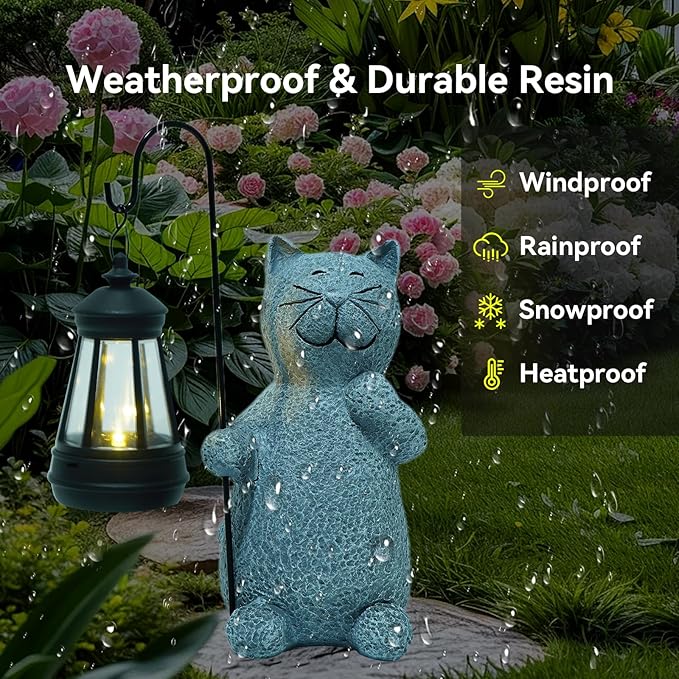 Solar Cat Garden Statues with LED Lights, Outdoor Decor for Patio Yard Balcony - Unique Housewarming Birthday Gifts for Women Mom Grandma