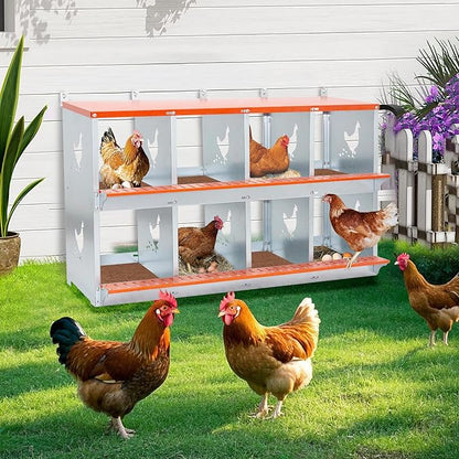 Chicken Nesting Boxes, 8-Bay Metal Nest Box with Vented Galvanized Steel Coop Equipment Wall Mount for Hens Ducks Poultry, Easy Egg Collection & Assembly, Orange (8 Compartment)