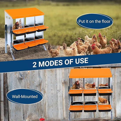 Two-Tier Chicken Nesting Box, 6 Hole Metal Chicken Egg Laying Box with Roll Away, Egg Collection Nesting Boxes for Chicken Coop, with Leg