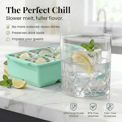 KitchFort® Large Silicone Ice Cube Tray (2-Pack), Easy Release 2" Big Ice Cubes - Cocktail, Whiskey Ice Cubes Mold - Ice Trays for Freezer with Lid - Stackable Silicone Ice Tray - Green