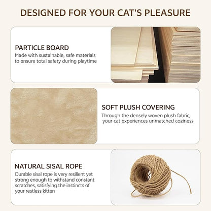 Cat Wall Furniture, 16 in 1 Cat Shelves w/Tunnel & Bridge, Beige | Wall Mounted Cats Shelf Set with Plush Fabric, Cat Climbing Wall Systems for 16 Inch Drywall, with Scratching Posts, Condos