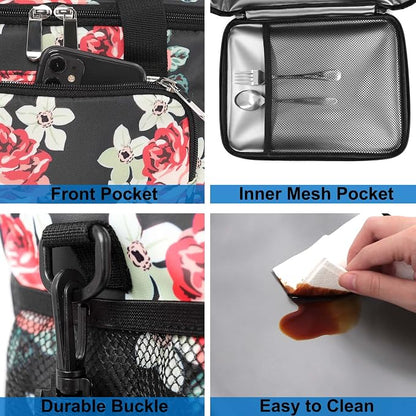 Lunch Bags for Women/Men, Insulated Lunch Bag for Work Office Picnic - Lunch Cooler Bag Leakproof Lunch Box with Adjustable Shoulder Strap - Black Floral