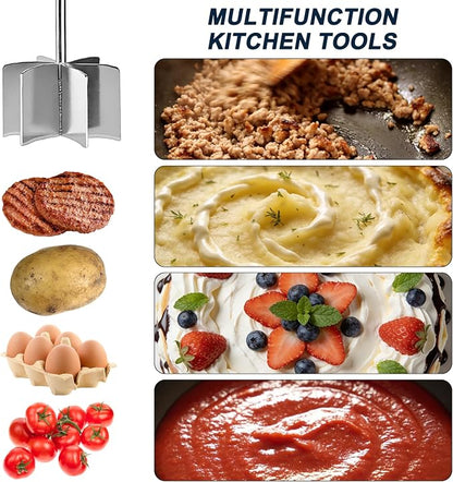 Stainless steel Meat Chopper, 6 Curve Blades Ground Beef Smasher,Potato Masher Utensil,Heat-Resistant Hamburger Meat Smasher,Heavy Duty Wooden Handle
