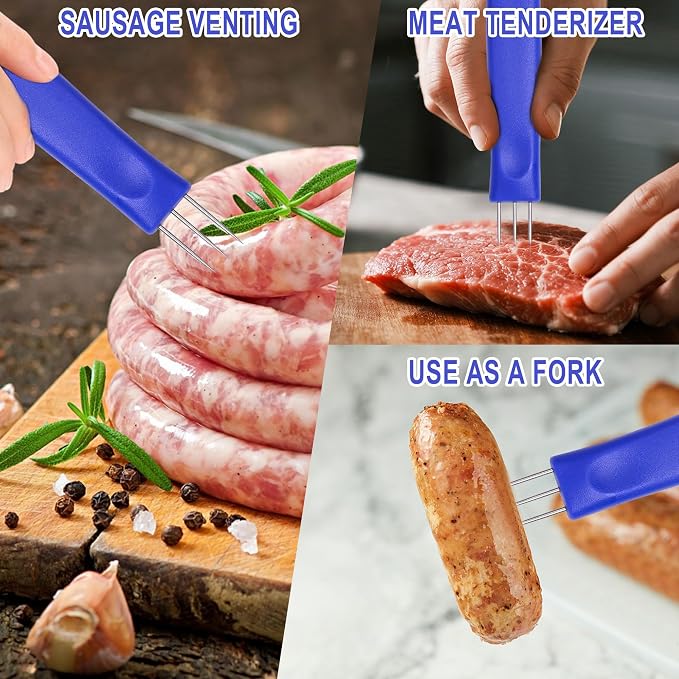2 Pack 3-Prong Sausage Pricker, Stainless Steel Meat Needle Tool | 3-prong pricks prevent casing burst,Stainless steel, non-slip grip,2-pack for sausage making,Compact storage case included.