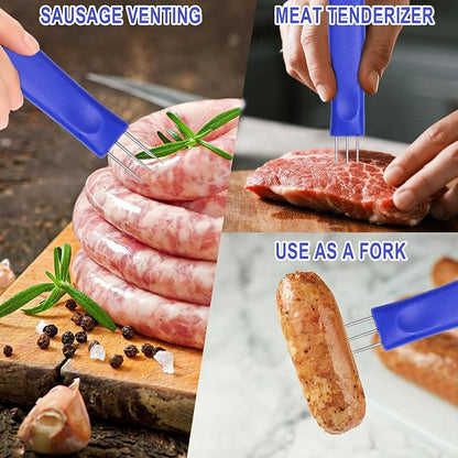2 Pack 3-Prong Sausage Pricker, Stainless Steel Meat Needle Tool | 3-prong pricks prevent casing burst,Stainless steel, non-slip grip,2-pack for sausage making,Compact storage case included.