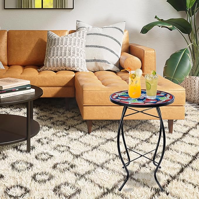 MUMTOP Side Patio Tables-Mosaic Outdoor Side Table - 14’’ Symmetrical Pattern Glass Accent Round End Table, Plant Stand Indoor Small Coffee Table for Garden or Living Room Decor