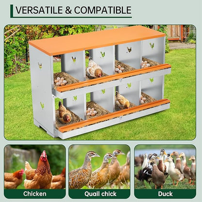 Chicken Nesting Boxes, 8 Hole Chicken Boxes for Laying Eggs with Lid, Metal Nesting Boxes for Chickens with Swing Perch and Roll Away Egg Collection for Chicken Coop, 1 Layer 3 compartments