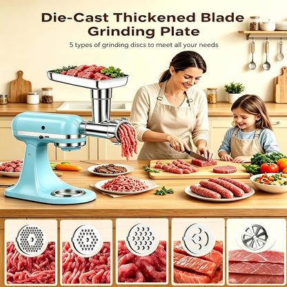 100% Stainless Steel Meat Grinder for KitchenAid Mixer, Dishwasher Safe | Includes 3 Sausage Stuffer Tubes & 4 Grinding Plates, Anti-Corrosion Polished Design（Not include the KitchenAid Mixer）