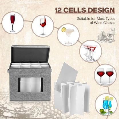 Uiifan 4 Pcs Champagne Flute Storage Box with Dividers 12 Compartment Stemware Storage Cases China Container Box with Lid, Handles, PVC Window for Moving, Gray