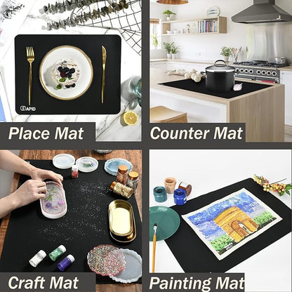 1.5MM Extra Thick Placemats Large Silicone Mat Heat Resistant Table Mat | 28" x 20" Kitchen Countertop Protector, Washable Place Mats Silicone Mats for Kitchen Counter Mat Table Mat, Black, Sapid