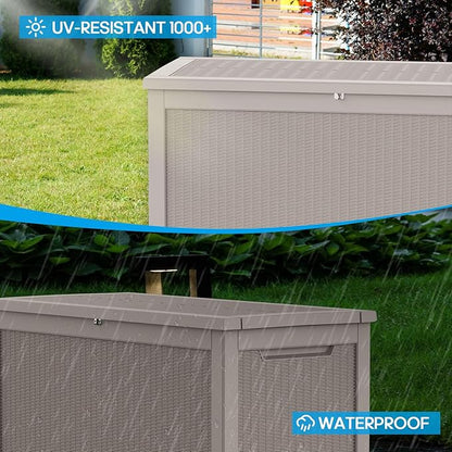 Vixzen 320 Gallon Resin Deck Box, Lockable Outdoor Storage Box for Patio Cushions Storage Furniture,Garden Tools, Pool Supplies, Weatherproof and UV Resistant- Grey