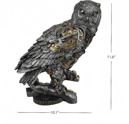 Steampunk Owl Statue 11.6'' H Metallic Silver and Gold Gothic Collectible Animal Figurine Wisdom Gift Owl Sculpture for Home Office Decoration Living Room Tabletop Mantel