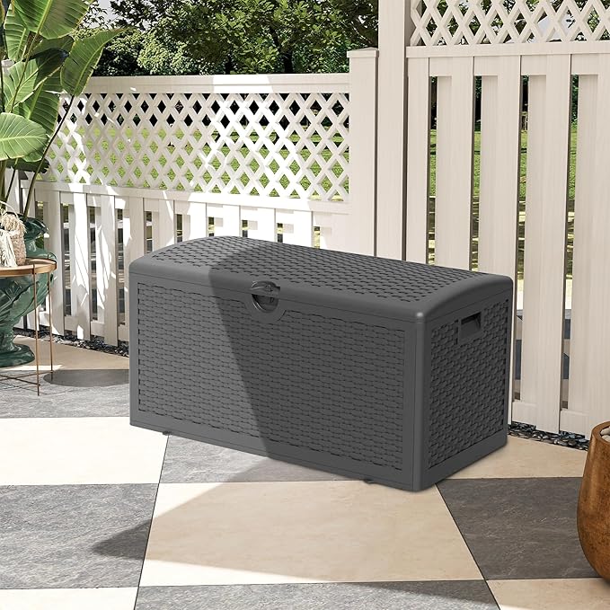 80 Plus Gallon Resin Deck Box, Waterproof Outdoor Storage Bin for Patio, Poolside, and Garden, Lockable & UV-Resistant, Ideal for Small Spaces, Black