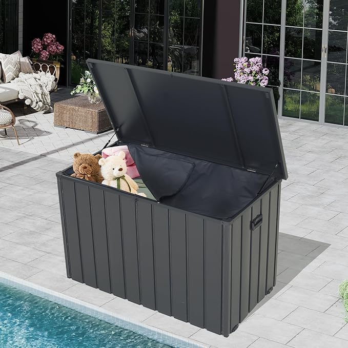 Outdoor Storage Box, 200 Gallon Metal Deck Box Built-in a Oxford Fabric Storage Bag, Lockable & Waterproof Outside Patio Storage Box for Cushions, Pillows, Tools, Pool Floats- Grey