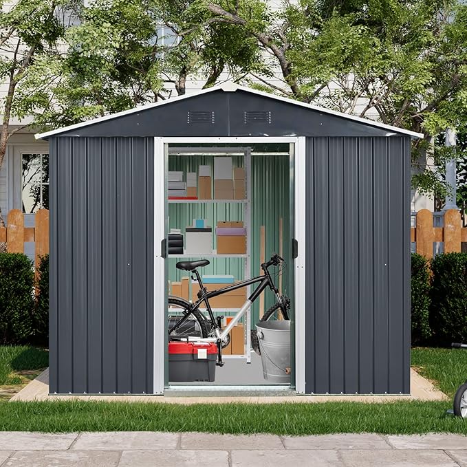 4x8 FT Outdoor Storage Shed, Metal Garden Shed with Frame Floor, Outside Tool Shed with Lockable Sliding Doors, Waterproof Storage Building with Sloped Roof for Backyard, Patio, Lawn, Black
