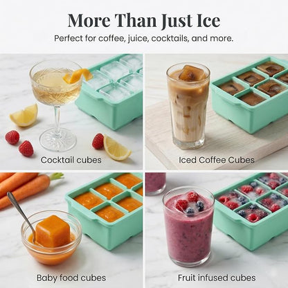 KitchFort® Large Silicone Ice Cube Tray (2-Pack), Easy Release 2" Big Ice Cubes - Cocktail, Whiskey Ice Cubes Mold - Ice Trays for Freezer with Lid - Stackable Silicone Ice Tray - Green
