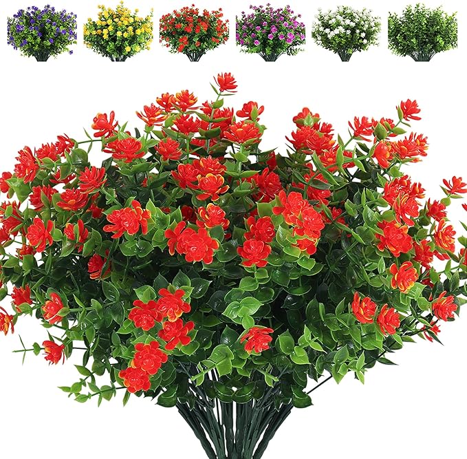 RECUTMS Artificial Flowers Outdoor Fake Flowers，8 Bundles Outside Face Mums Fake Summer Greenery UV Resistant No Fade Faux Plastic Lotus Shrubs Home Garden Porch Patio Decoration Office (Orange Red)
