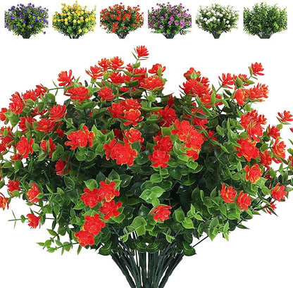 RECUTMS Artificial Flowers Outdoor Fake Flowers，8 Bundles Outside Face Mums Fake Summer Greenery UV Resistant No Fade Faux Plastic Lotus Shrubs Home Garden Porch Patio Decoration Office (Orange Red)