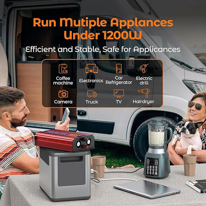 1200W Pure Sine Wave Inverter, 12V DC to 110V/120V AC Power Inverter for RV、Off Grid、Truck、with 2 AC outlets and LCD Display