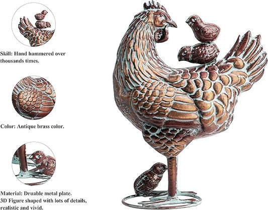 Metal Rooster & Hen with Chicks Garden Sculpture Statue Outdoor Decor Yard Art Chicken Decoration Set Garden Sculptures & Statues for Home Backyard Patio Lawn Decorations