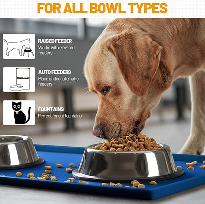 Hubulk Dog Feeding Mat,100% Waterproof BPA Free Silicone Pet Food and Water Bowl Placemat,Dishwasher, High Raised Edge to Prevent Spills,Nonslip Tray to Stop Messes on Floor (24"x16"x0.5", Navy)