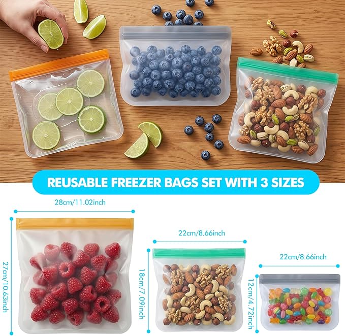 20 Pack Reusable Freezer Bags Silicone Dishwasher Safe, Leakproof Reusable Food Storage Bags BPA Free Healthy Food Storage Contaizers, Snack Sandwich Gallon Baggies for Meal Prep Lunch Travel Green