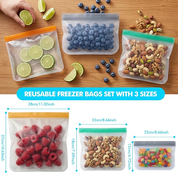 10 Pack Reusable Silicone Food Storage Bags, Reusable Freezer Bags, Leakproof Snack Sandwich Gallon Bags BPA Free Contaizers, Freezer Bag for Meal Prep, Marinate Meat, Salad Fruit, Veggies, Lunch Blue