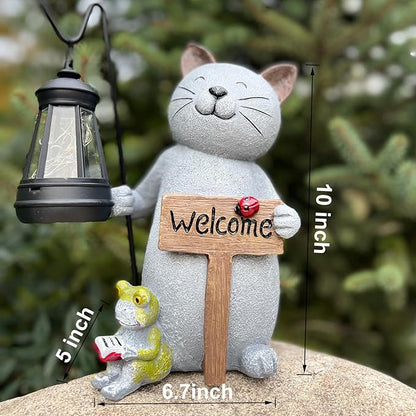Cat Garden Statue with Solar Lantern: Cat Outdoor Figurine Decorations -Solar Garden Statue Decor for Patio,Balcony,Yard, Lawn - Gift for Mom, Grandma,Women, Housewarming,Birthday