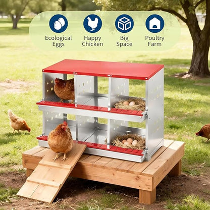 Heavy Duty Metal Chicken Nesting Box – 6 Compartments, Rollaway Egg Collection, Ventilated, Resting Perch, Wall Mounted/Floor, Easy Clean, Red Covered, 96×48×71cm, with Cover