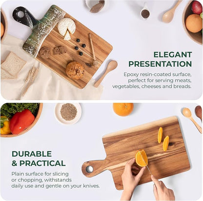 Acacia Wood Serving Board with Handle, 18.1" x 9.8", Dual-Sided Resin Art Tray for Display & Prep, Handcrafted Cutting Board, Includes Stand & Loofah, Christmas Housewarming Gift (Rectangular)