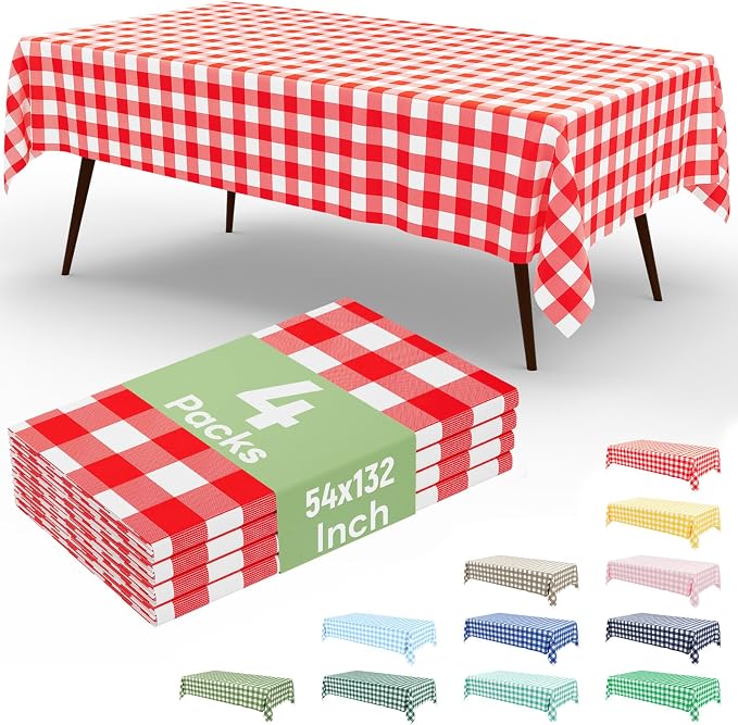 4 Packs Buffalo Disposable Table Cloth, 54 x 132 Inch Waterproof Plastic Tablecloth, Rectangle Red and White Checkered Table Covers for Picnic, Birthday, Party, Back to School