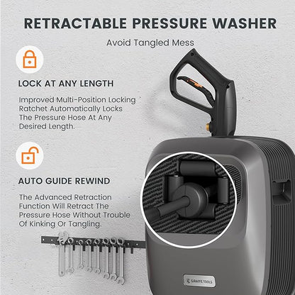 Giraffe Tools Grandfalls Retractable Pressure Washer G20B, 2500 PSI 2.2 GPM, Wall Mounted Power Washer with 65FT Hose Reel, Black Pressure Hoses, 4 Nozzles for Floor/Cars/Fences/Patios, Dark Silver