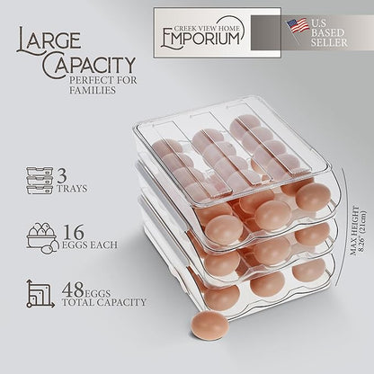 Egg Container for Refrigerator - Clear Stackable 3 Tier Plastic Egg Holder Drawer - 4 Dozen Capacity Farm Eggs Organization Storage Trays for Fridge or Kitchen Counter