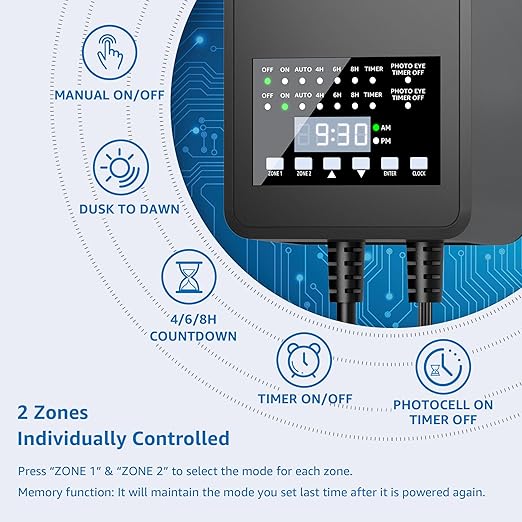 SUNVIE 300W Low Voltage Landscape Transformer with 2 Independent Control Output Landscape Lighting Transformer with Timer and Photocell Sensor 120V AC to 12/14V AC Weatherproof Low Voltage Transformer