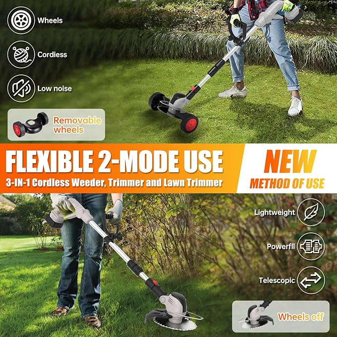 Electric Weed Wacker Eater Cordless String Trimmer Battery Powered, 21V/4000mAh Grass Trimmer Battery Operated Brush Cutter, 3 in 1 Lightweight Weed Trimmer/Lawn Edger/Trimmer Edger for Yard Garden