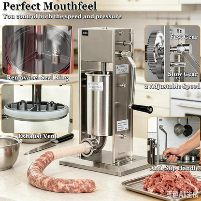 CTJ Sausage Stuffers Stainless Steel Sausage & Churro Maker 5L/11Lb,Silver | Manual 2 in 1 Sausage Stuffer & Churro Maker, 2-Speed Adjustable Vertical Sausage Maker, 4 Stuffing Tubes & Churros Nozzle