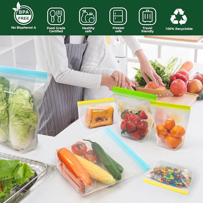SPLF 12 Pack Reusable Gallon Freezer Bags Dishwasher Microwave Safe | 1 Gallon BPA Free Leakproof Food Storage Bags, Silicone Free Containers for Meal Prep, Fridge Kitchen Organization