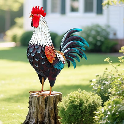 Metal Rooster Decor,Yard Chicken Decorations,Outdoor Garden Statues, Metal Chicken Sculpture for Backyard Patio Kitchen Decor & Lawn Ornaments