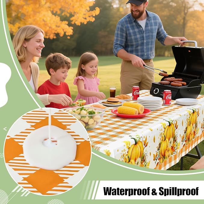 6 Packs Buffalo Disposable Table Cloth, 54 x 108 Inch Waterproof Plastic Tablecloth, Rectangle Pumpkin Orange and White Checkered Table Covers for Picnic, Birthday, Party