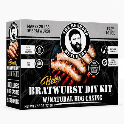 Bearded Butchers Beer Bratwurst DIY Kit, Seasoning & Hog Casing Makes 25 lb | Real beer flavor, 15 oz seasoning & 32-35mm natural hog casings, for pork, beef, venison & wild game, grill or smoke