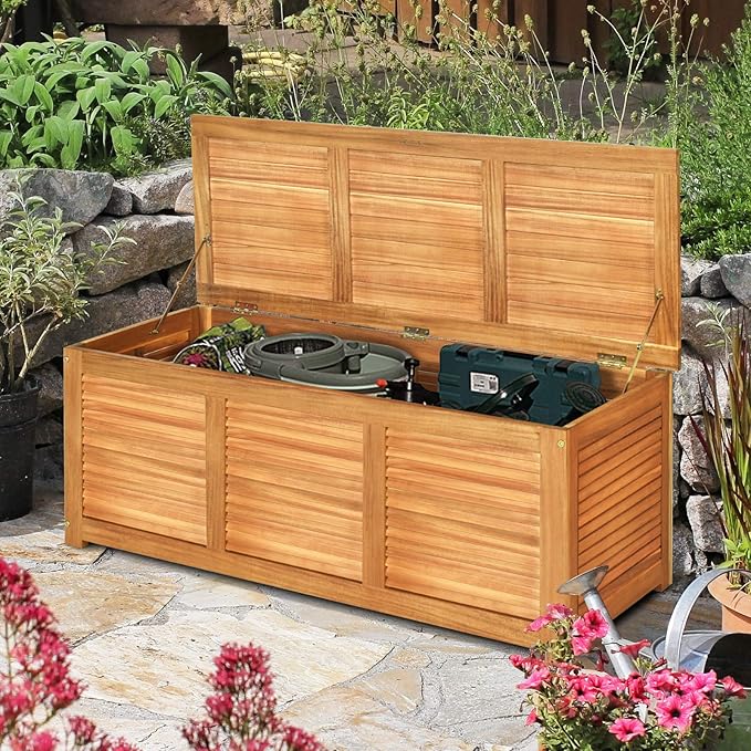 Tangkula 46 Gallon Acacia Wood Deck Box, Garden Backyard Storage Bench, Outdoor Storage Container for Patio Furniture Cushions and Gardening Tools (Natural)