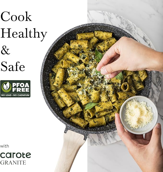 CAROTE Non Stick Frying Pan, 8 Inch Classic Granite Skillet with Glass Lid | Non Toxic Kitchen Cookware, Compatible with All Stovetop, PFOA Free