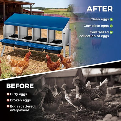 4-Compartment Metal Chicken Nesting Box with Stand – Heavy Duty Poultry Nest with Removable Tray & Waterproof Roof – Non-Slip Base, Wall Mountable for Backyard Coops & Farms (Blue)