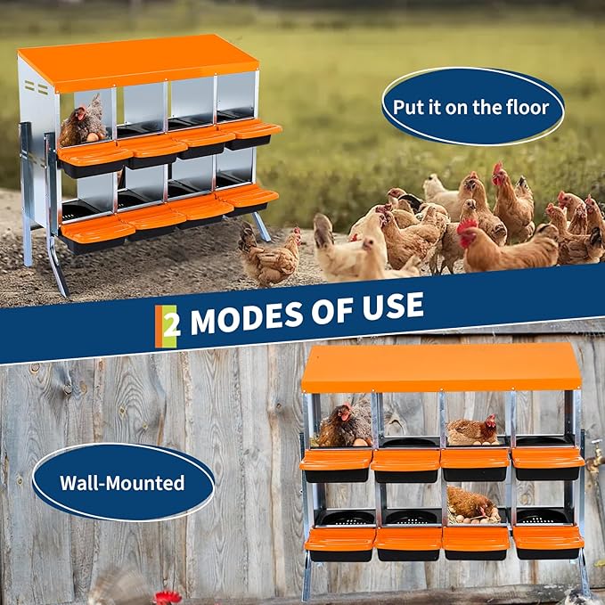 8-Compartments Chicken Nesting Boxes with Roll Out Egg Collection and Large Vented Holes,Metal Nesting Boxes for Chickens, Hens, Ducks,Wall Mount/Freestanding Poultry,Orange