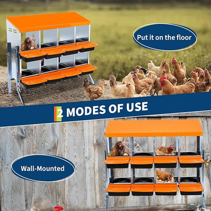 8-Compartments Chicken Nesting Boxes with Roll Out Egg Collection and Large Vented Holes,Metal Nesting Boxes for Chickens, Hens, Ducks,Wall Mount/Freestanding Poultry,Orange